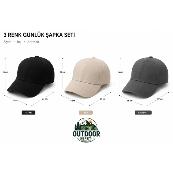 Günlük Şapka Seti · 3'lü (Siyah-Bej-Antrasit)